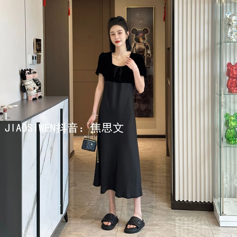 大促福利  时尚减龄百搭气质拼接丝绒短袖长款连衣裙JQ7792