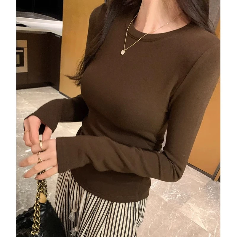 简约圆领长袖打底衫T恤女2024秋季新款休闲百搭修身显瘦内搭上衣