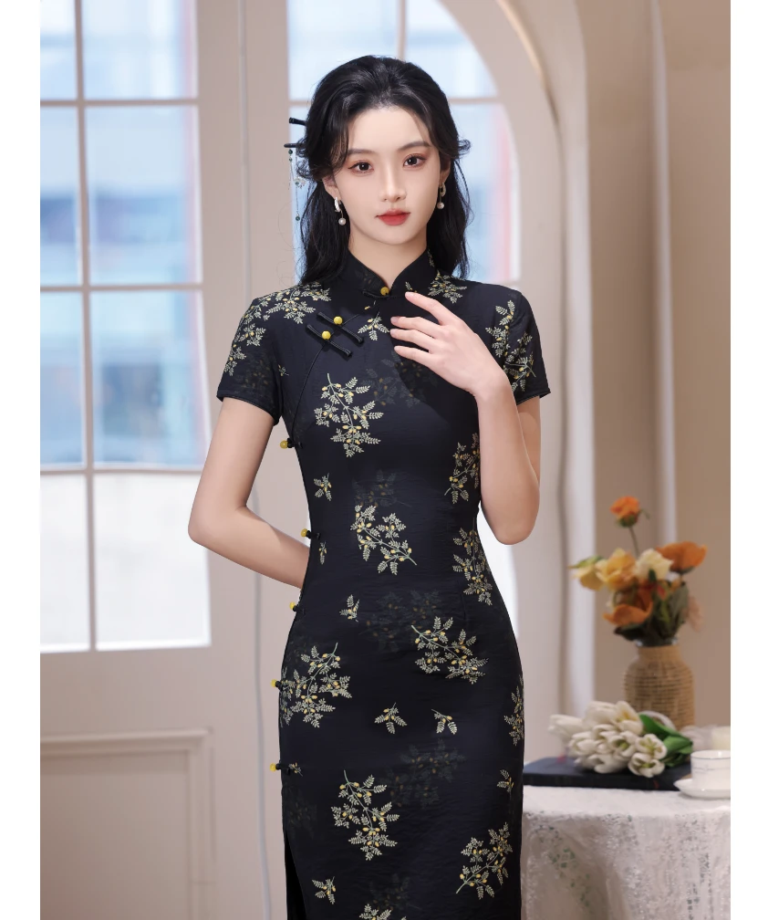 【疏影】夏季中长旗袍  时尚黑色复古修身日常少女中国风