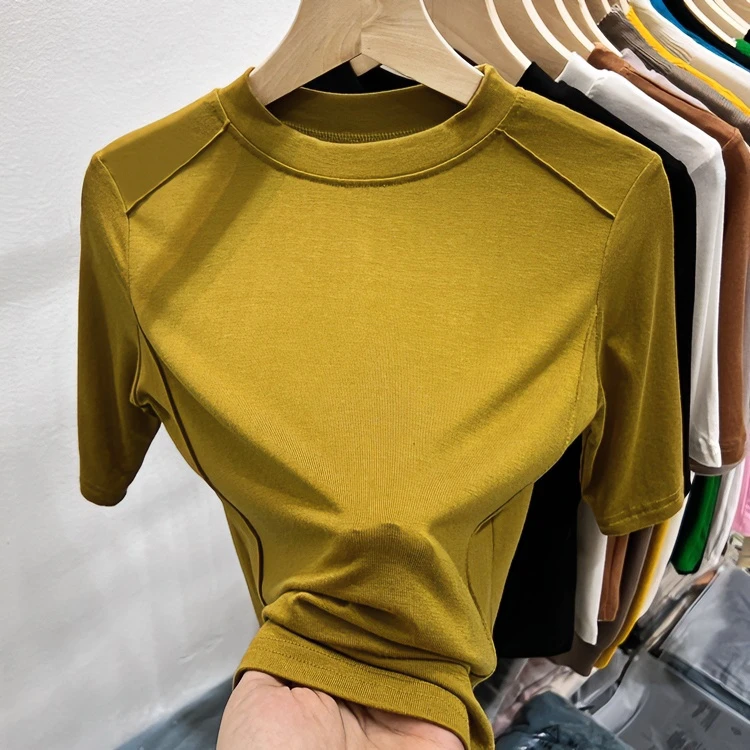修身设计感时尚洋气半袖显瘦百搭打底夏季纯色圆领鱼骨t