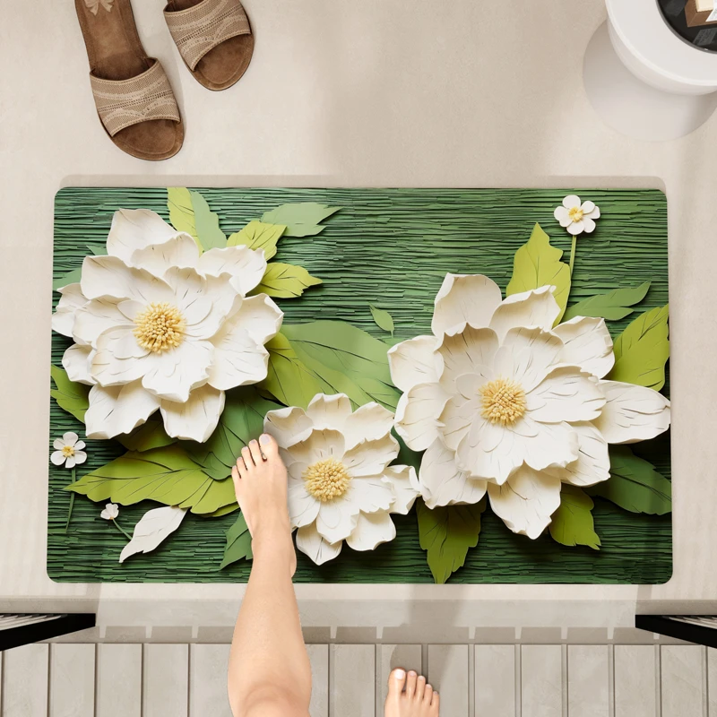家用硅藻泥吸水方形耐脏地垫浴室卫生间门口防滑垫彩绘白牡丹地垫