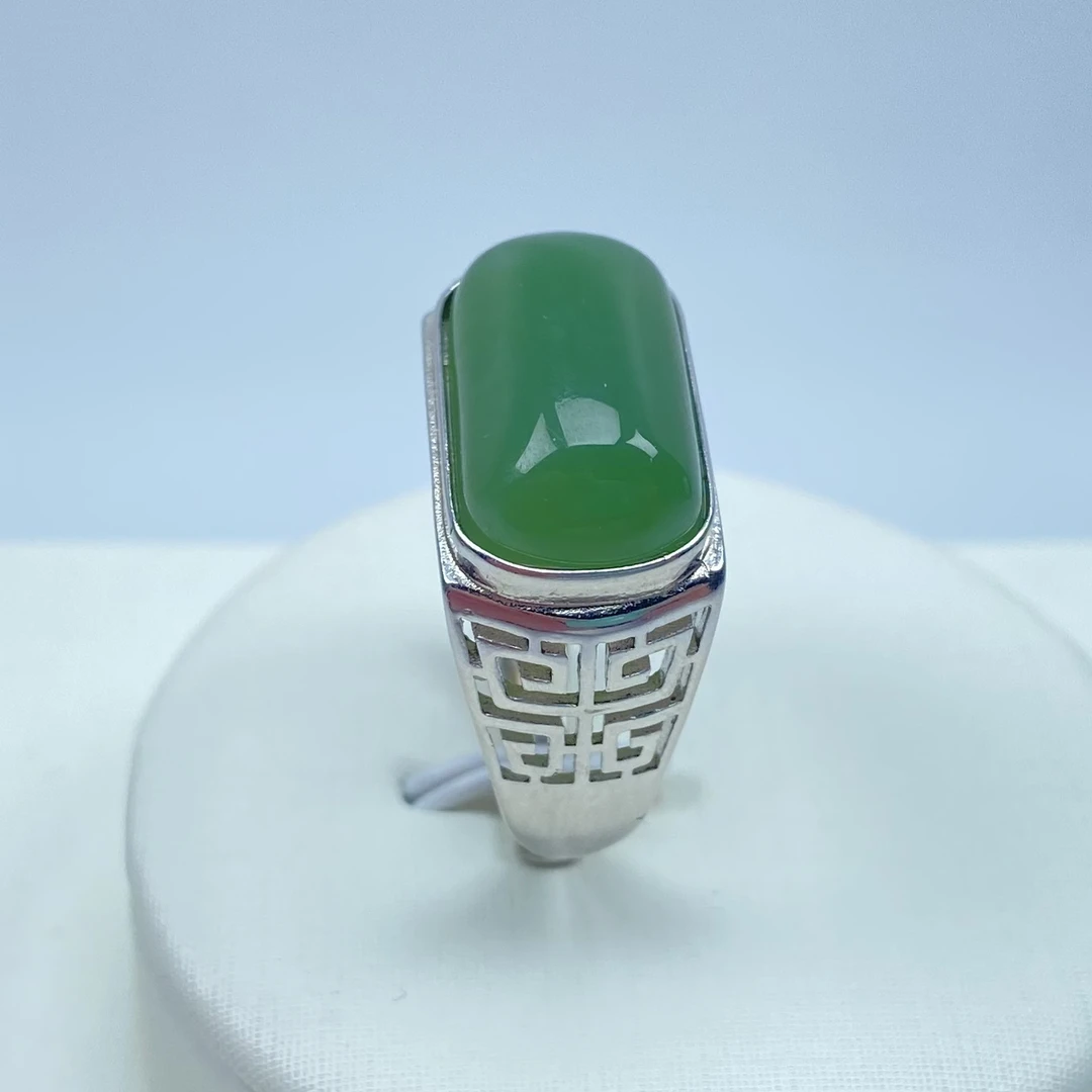天然和田玉碧玉开口戒s925银戒时尚绿色镶嵌