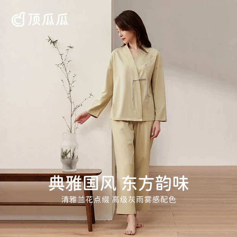 顶瓜瓜春秋款纯棉睡衣女凉感玉肌棉长袖宽松国风可外穿家居服套装