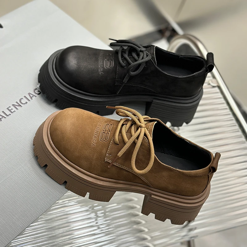 23623-99真皮单鞋女2025年春季新款圆头休闲松糕厚底小皮鞋