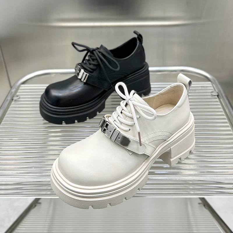 增高厚底小皮鞋女英伦2024新款真皮粗跟单鞋复古高跟鞋WY23903-1