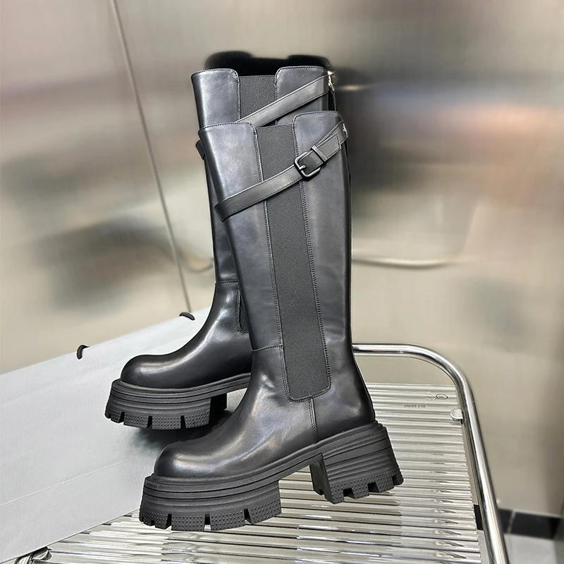 23623-3真皮高筒靴女复古弹力百搭显瘦厚底长筒骑士靴
