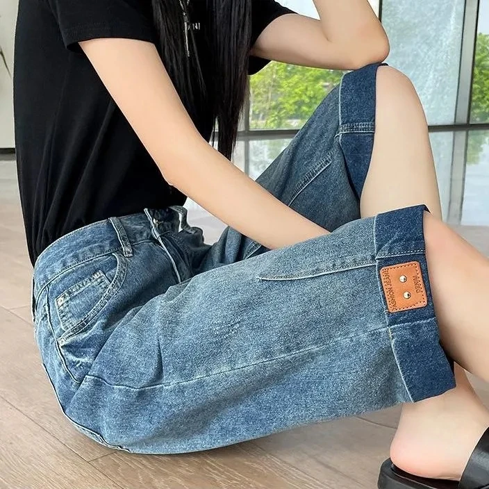 六分复古牛仔裤女夏季薄款高腰宽松直筒卷边七分小个子百搭中裤潮