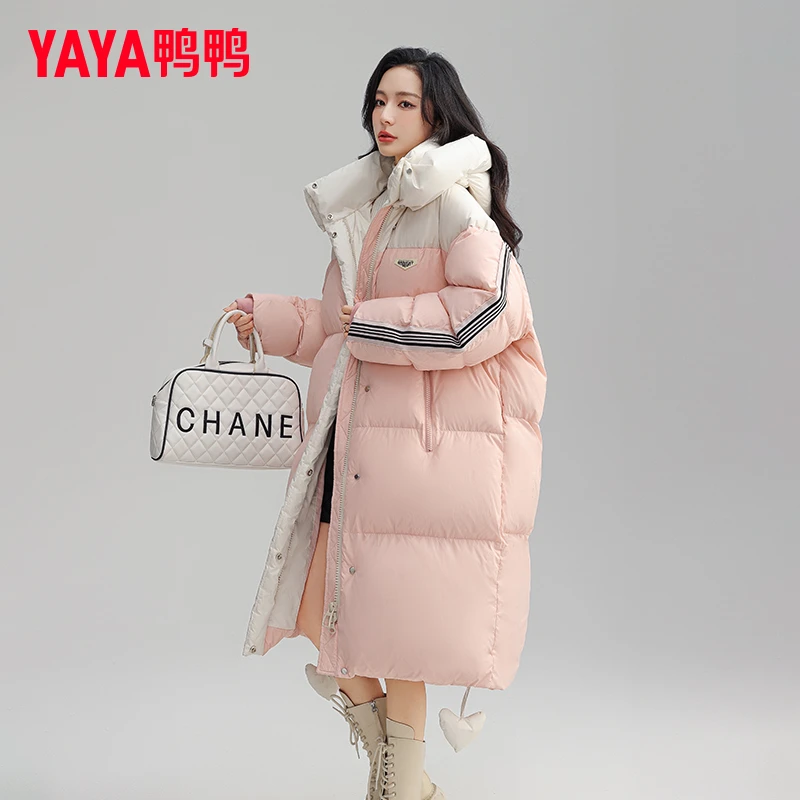 YAYA/鸭鸭气质撞色拼接长款保暖连帽冬季加厚羽绒服女士时尚外套