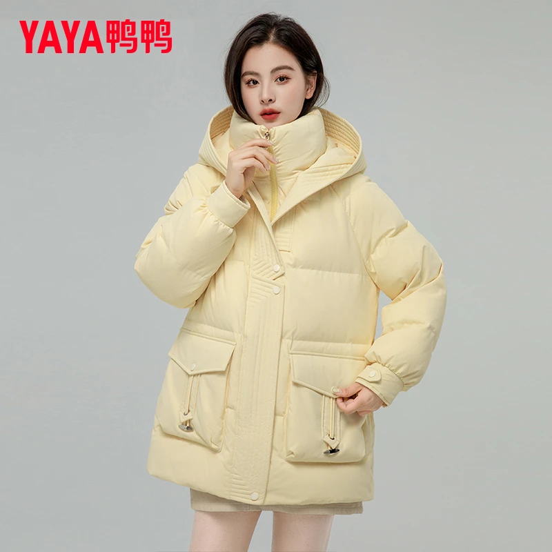 YAYA/鸭鸭中长款羽绒服女2024冬季新款时尚防风韩版休闲连帽外套