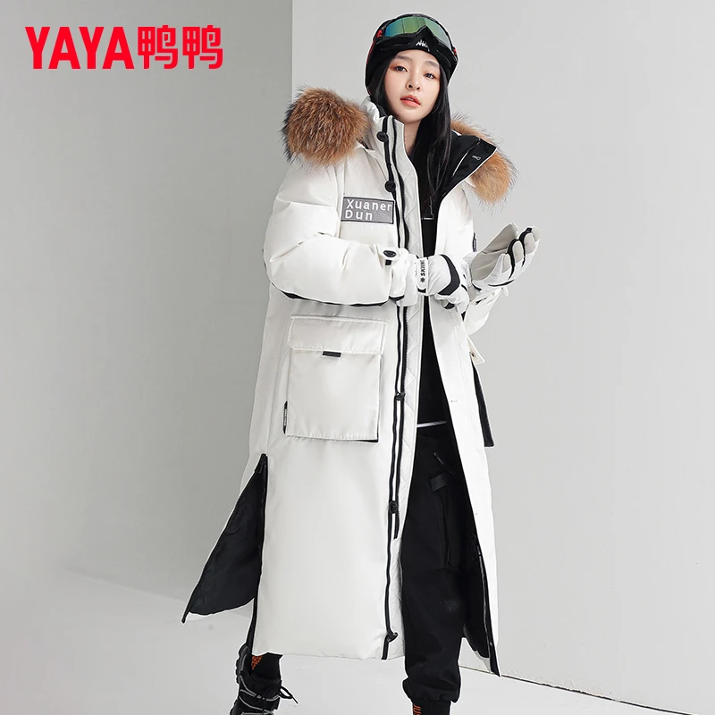YAYA/鸭鸭大毛领长款羽绒服女冬季时尚侧拉链开叉派克服保暖外套