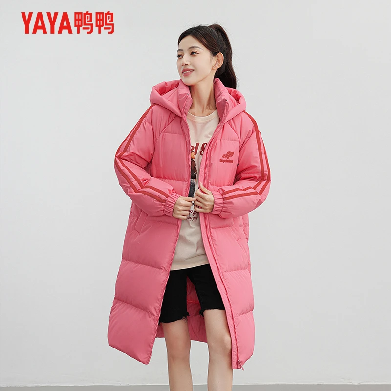 YAYA/鸭鸭羽绒服女长款过膝2024年冬季新款时尚宽松连帽保暖外套