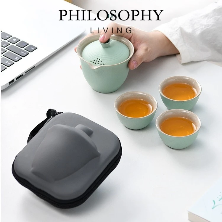 旅行茶具神器祥云纹一壶三杯中式便携式露营户外泡茶杯车载出差