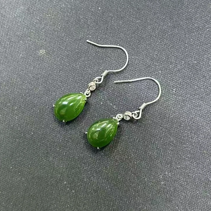 和田碧玉水滴耳坠  925纯银  （多样性发货发一对）
