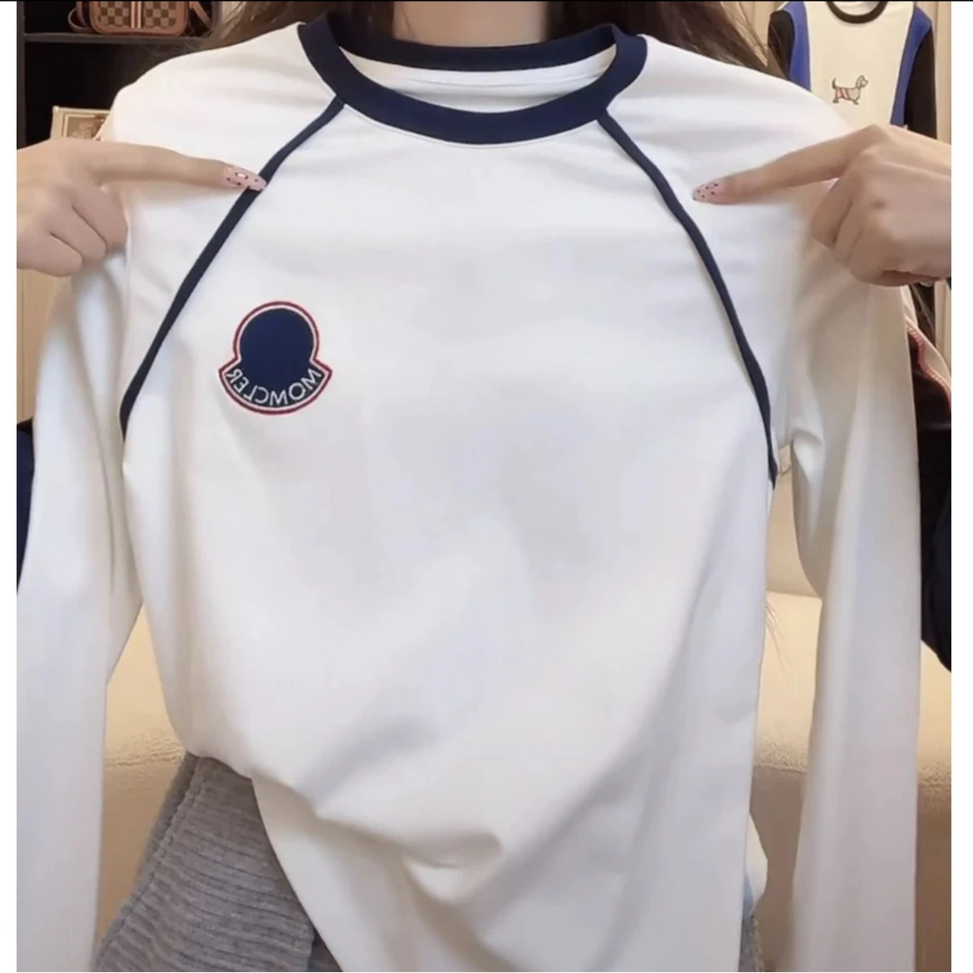 2025秋冬新款女时尚小众设计感撞色拼接长袖T恤百搭简约上衣