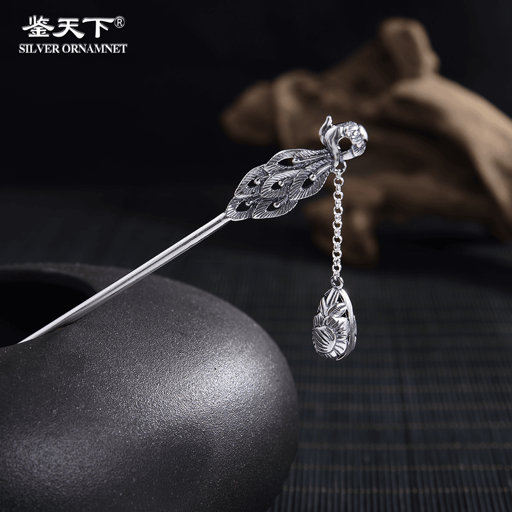 shiyinfang/诗银坊 足银银制品复古凤凰莲花流苏发簪长15cm气质百搭02200001中国风