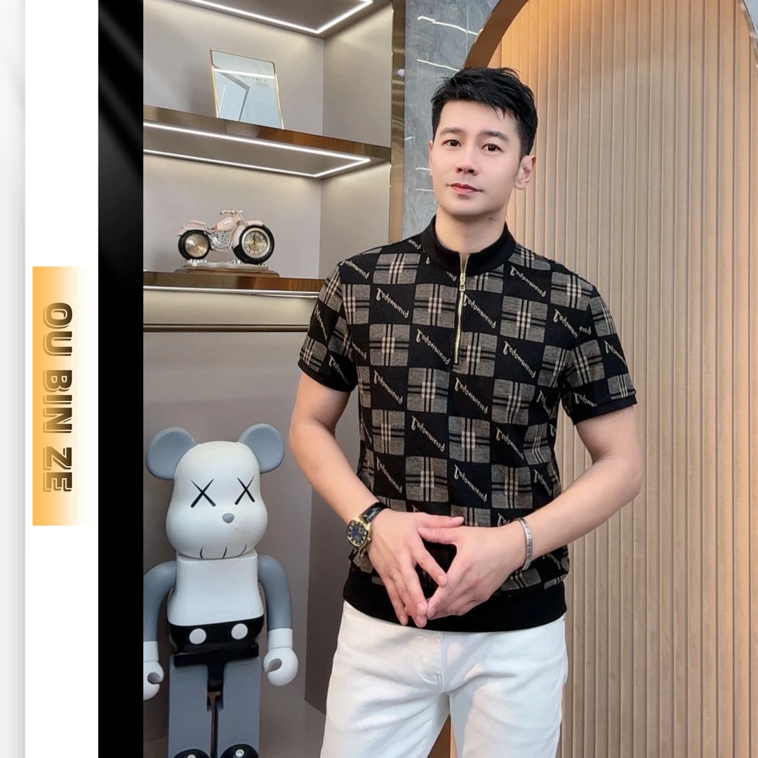 欧彬泽【厚款】秋冬季针织提花休闲半袖拉链立领修身上衣欧货3715