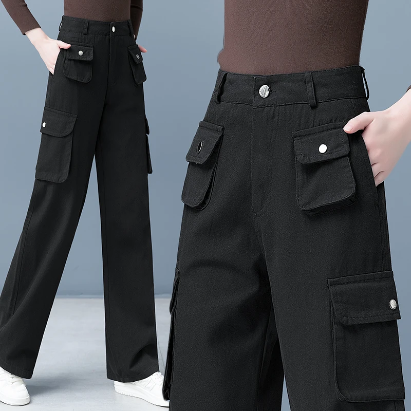 春秋高腰工装裤长裤女2025年春季新款多口袋高腰直筒裤窄版阔腿裤