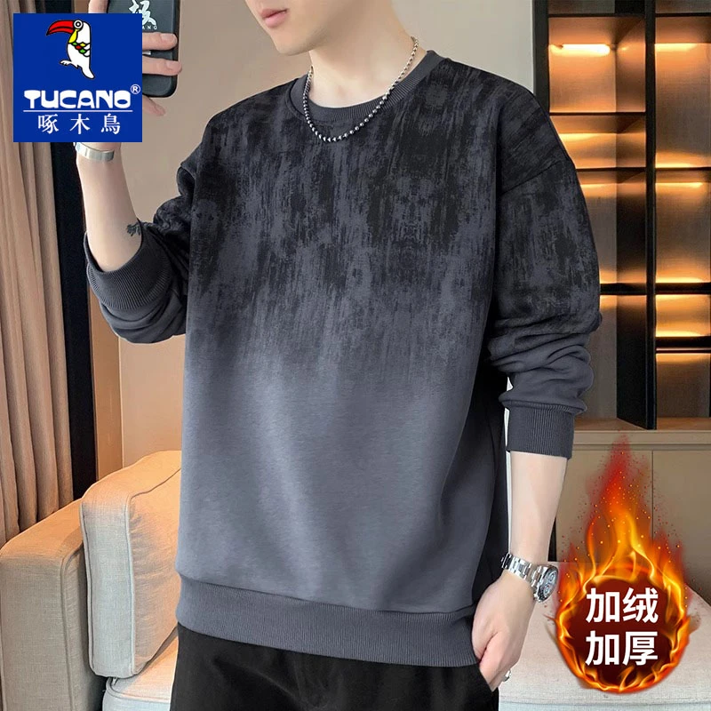 啄木鸟男士秋冬圆领卫衣加绒款舒适潮流百搭宽松上衣男装休闲卫衣