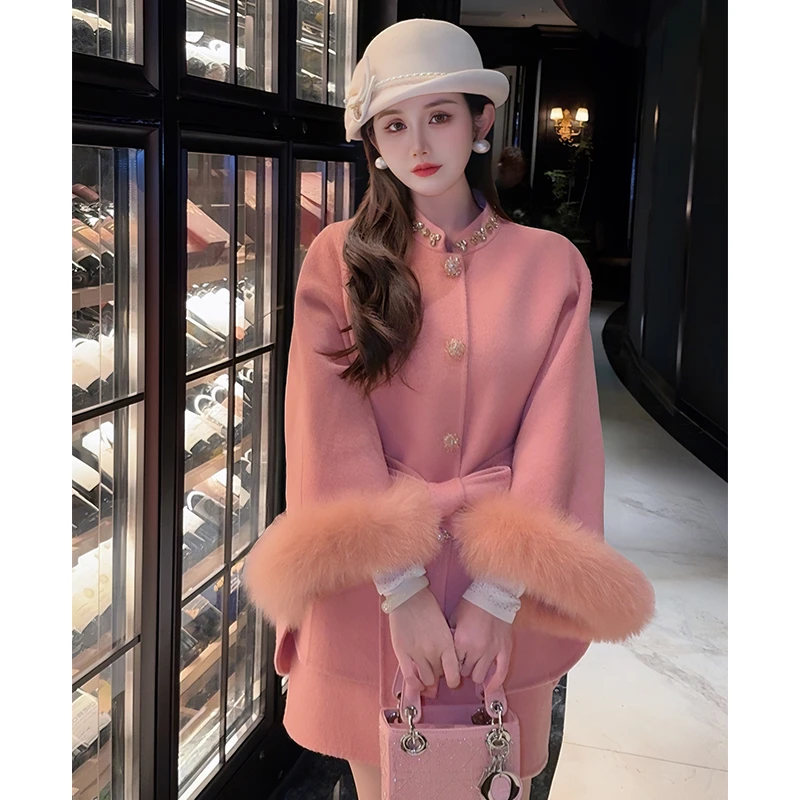 【矜贵女主】2024冬季新款100羊毛手工双面昵外套女收腰狐狸毛大衣