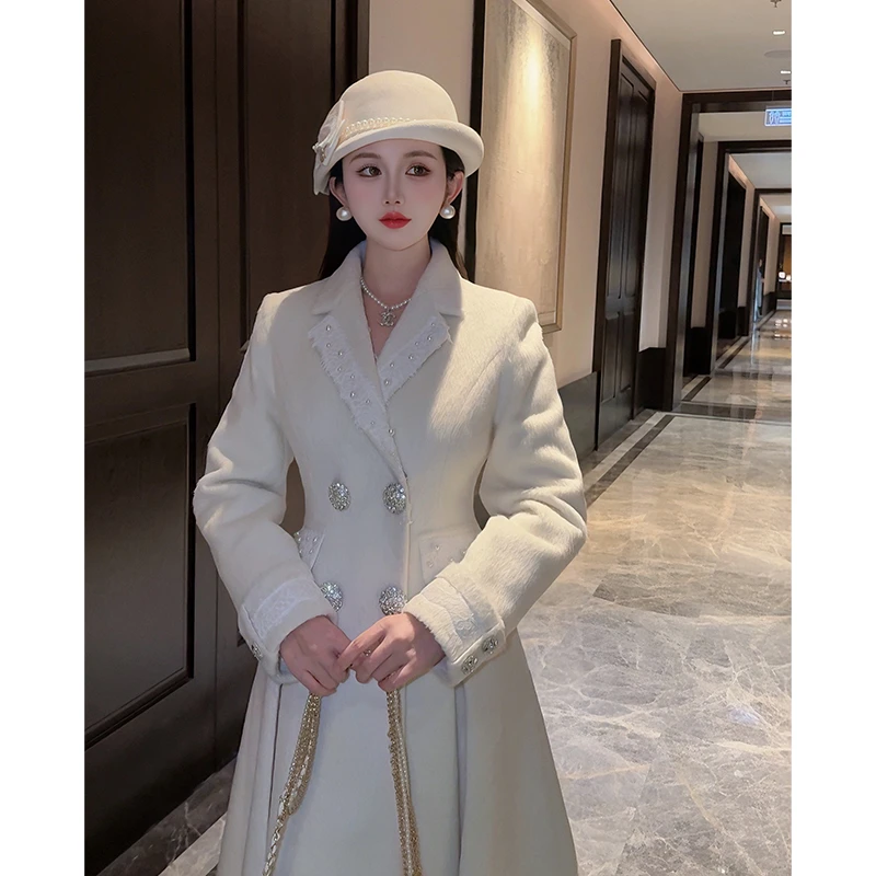 【东京初雪】2024原创设计长款收腰大衣女超仙白色冬款外套