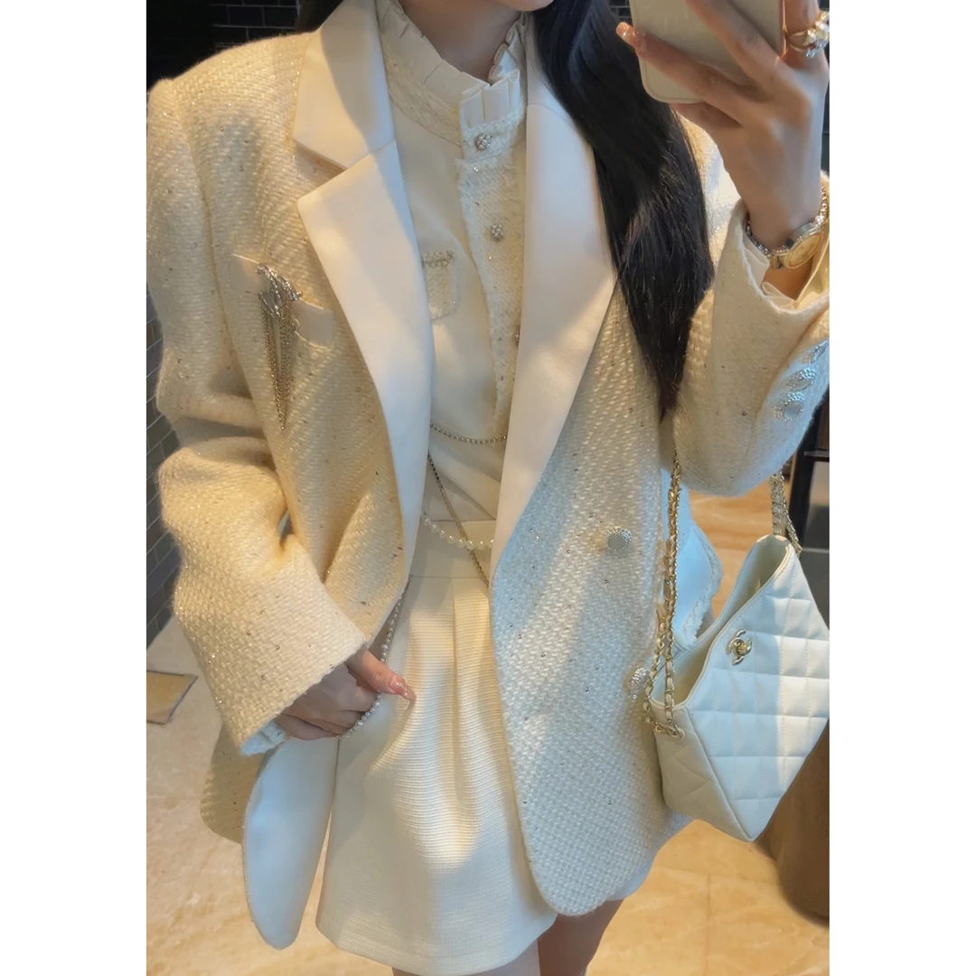 【米兰夜色】2023秋季轻奢廊型奶白色气质小香风短外套西装外套时尚