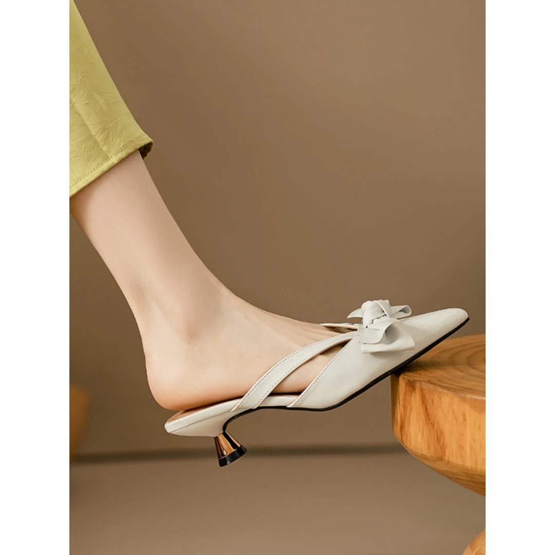 法式优雅蝴蝶结高跟凉拖鞋2024夏季新款尖头气质细跟包头半拖鞋女