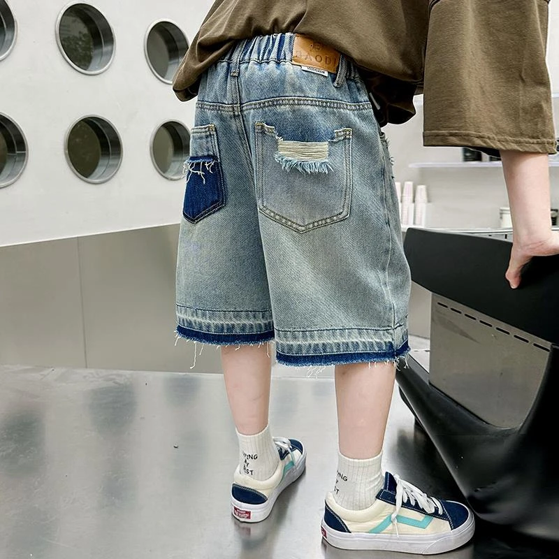 男童夏季破洞牛仔裤中大童裤子夏装短裤2024新款潮流五分炸街中裤