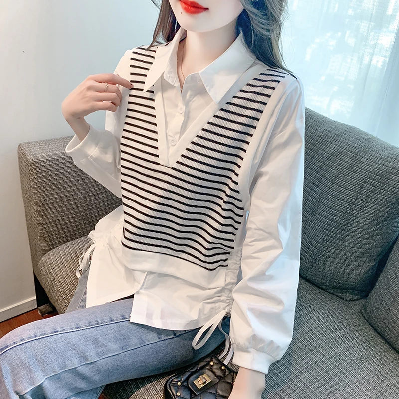 假两件条纹拼接衬衫女装2025新款秋季气质POLO领上衣设计感小衫