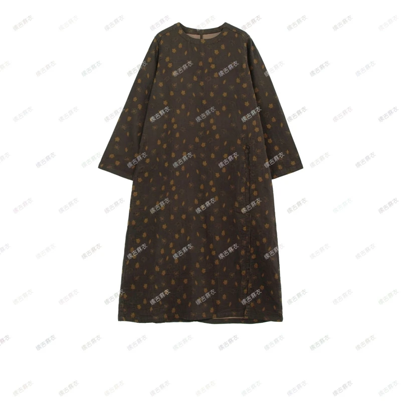 原创设计24-1192【叶惊秋】100亚麻气质设计感时尚圆领宽松连衣裙