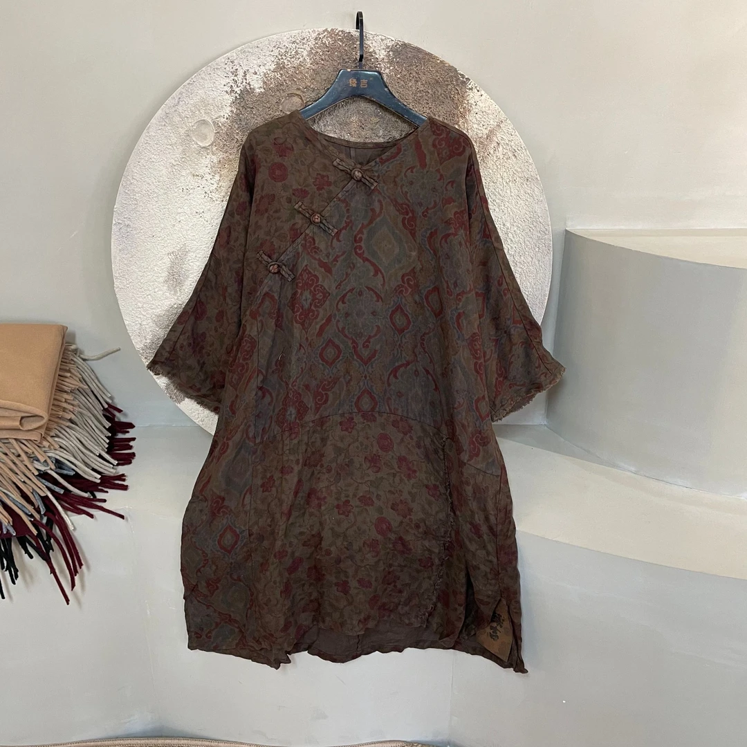 续吉出品91（高订客订系列）印花盘扣中长款连衣裙