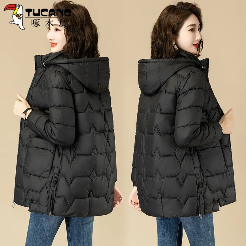 啄木鸟棉衣女中长款2024冬季中老年高档时尚收腰加厚棉服保暖外套