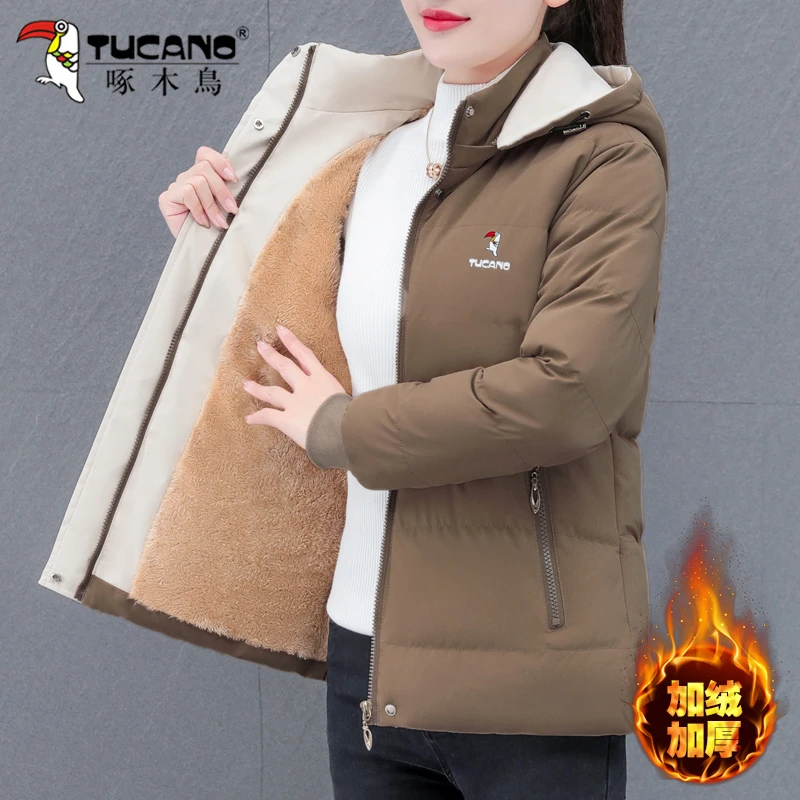 啄木鸟加绒连帽棉服女冬季2025年新款时尚中年妈妈棉衣厚外套冬装
