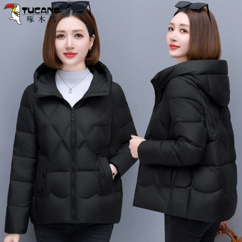 啄木鸟连帽短款羽绒服女冬季2025新款加厚保暖百搭时尚白鸭绒外套
