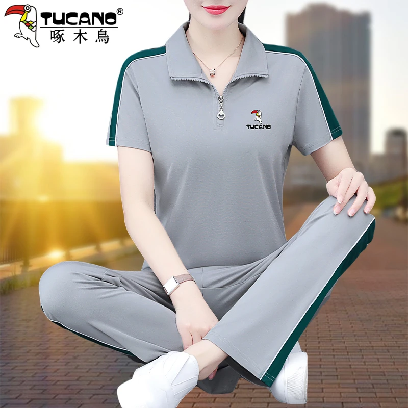 啄木鸟立领运动服套装女2024新款夏季名牌女装宽松时尚洋气两件套