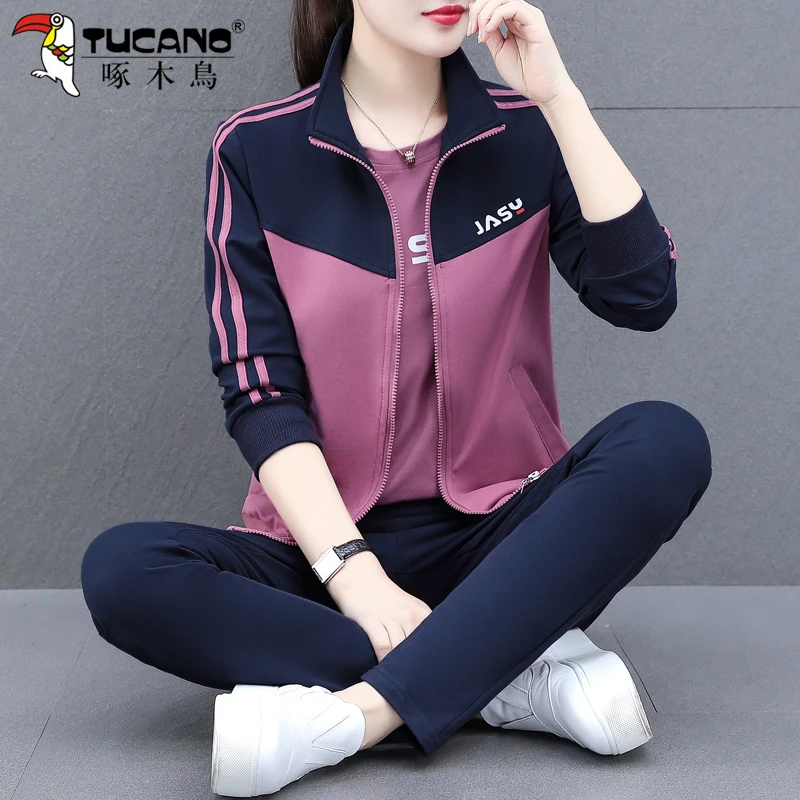 【官方正品】啄木鸟运动服套装女春季2025新款休闲跑步时尚三件套