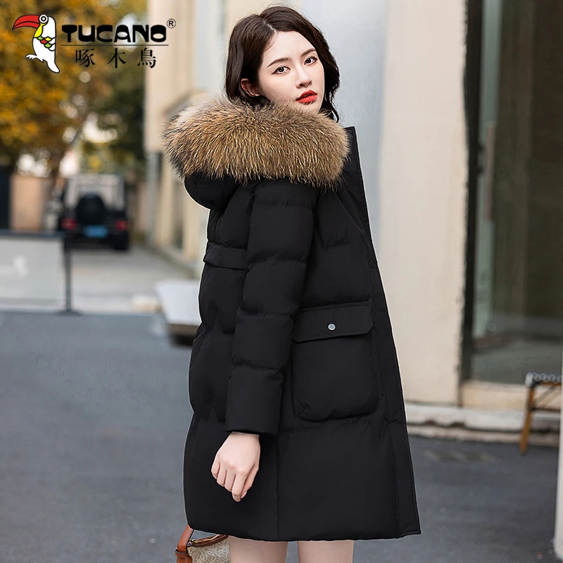 啄木鸟中长款羽绒服冬季2025年新款黑色白鸭绒保暖正品真毛领外套