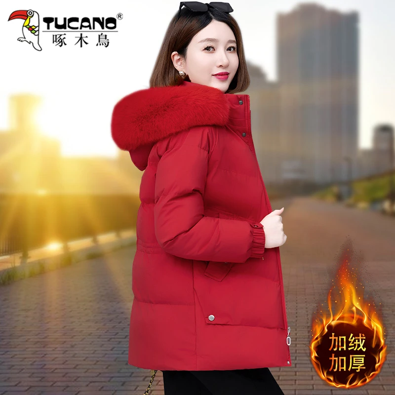 啄木鸟连帽毛领棉衣女2025冬季新款时尚棉服加绒加厚保暖棉袄外套