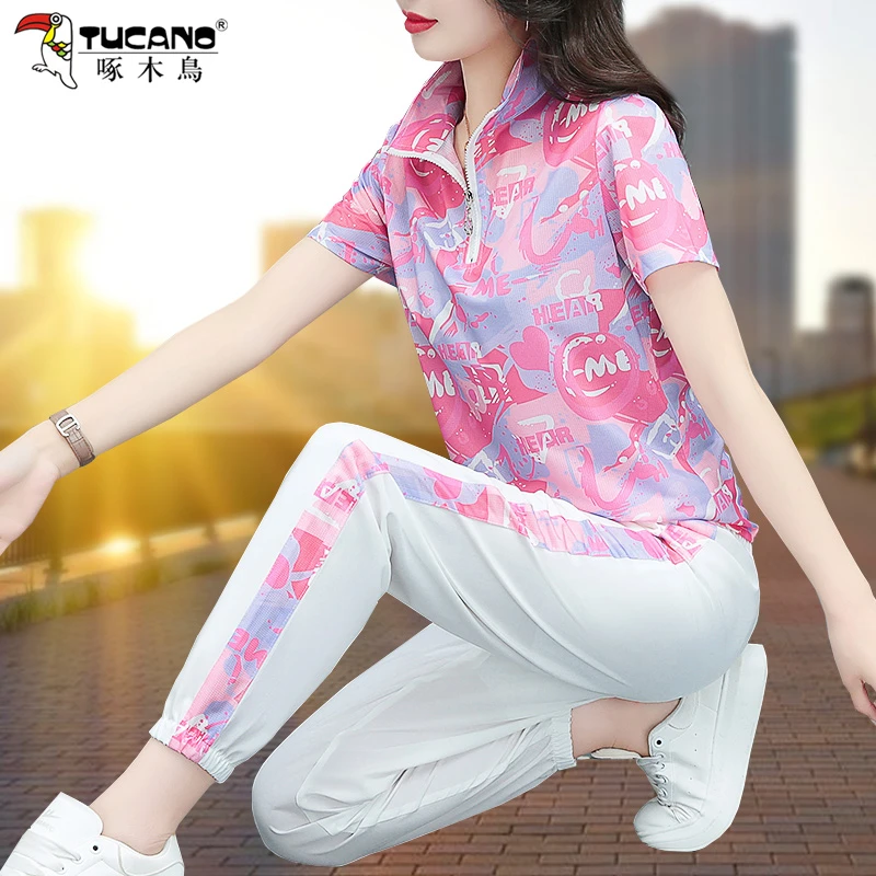 啄木鸟冰丝运动服套装女2024新款夏季时尚洋气短袖休闲大码两件套