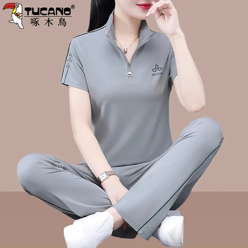 啄木鸟大码运动装套装女2024新款时尚洋气妈妈夏季速干跑步两件套