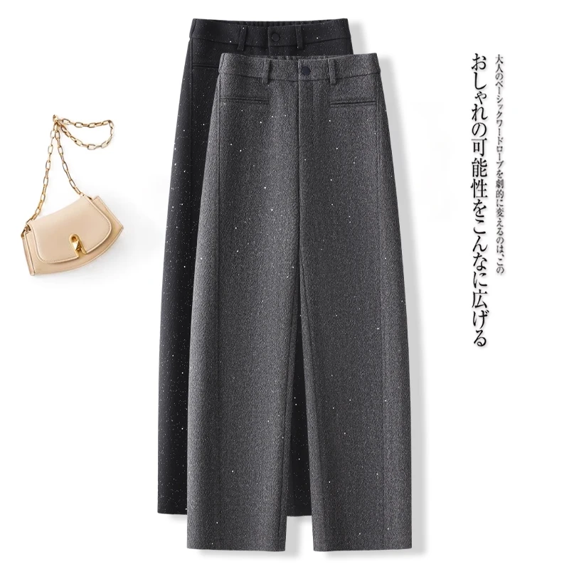 灰色亮闪闪欧货设计毛呢气质加绒加厚亮片垂感阔腿窄版休闲裤女冬