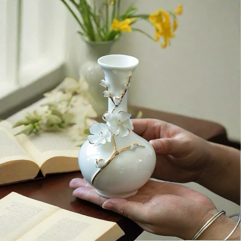 如鱼得水陶瓷传统手工捏花描金梅花瓶客厅玄关博古架茶桌餐桌摆件