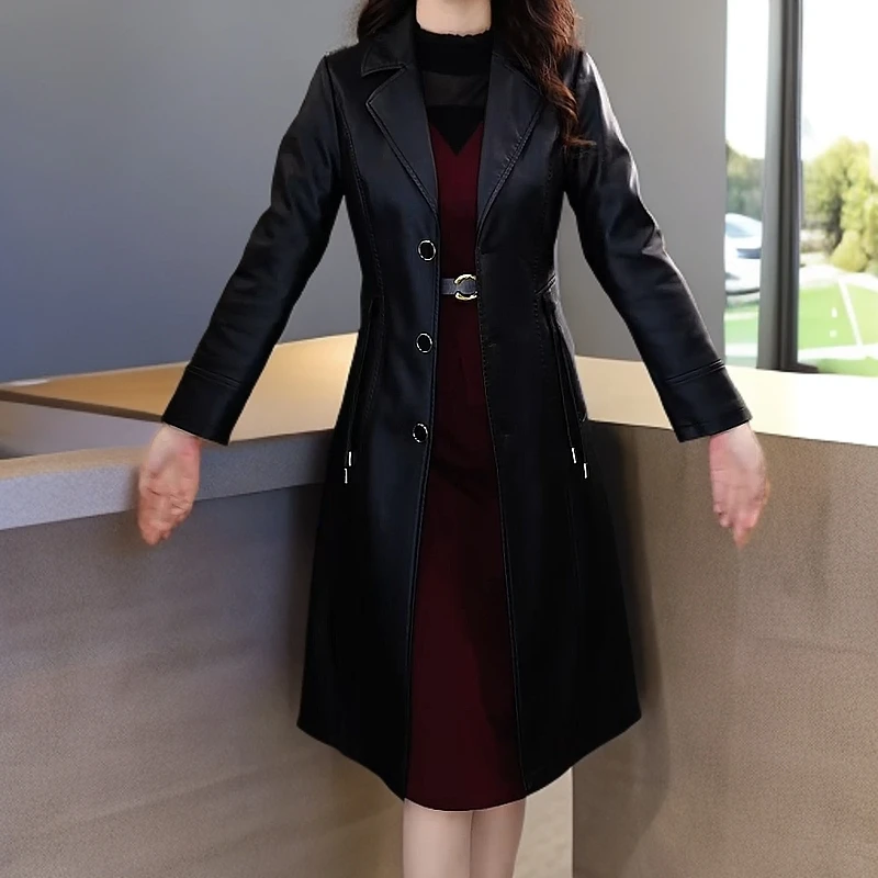 酷魅丽人 中长款皮衣外套PU皮吊饰设计遮肚显瘦收腰长款外套气质