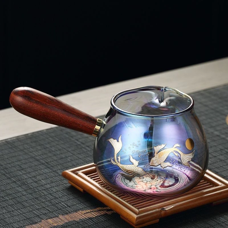 贝彩烧公道杯耐热玻璃炫彩锦鲤祥鹤高档茶海分茶器加厚侧把公杯