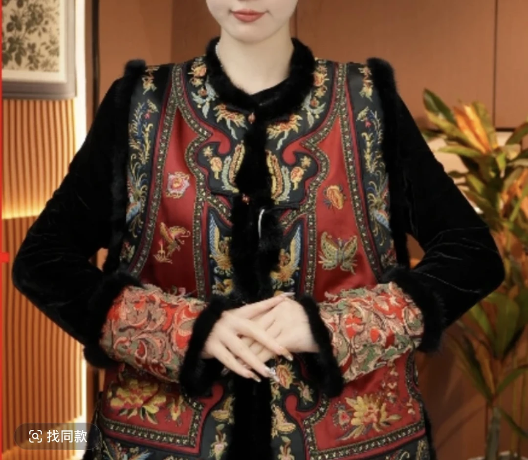 （有凤来仪）毛领新中式冬款夹棉加厚刺绣花罗马甲-083