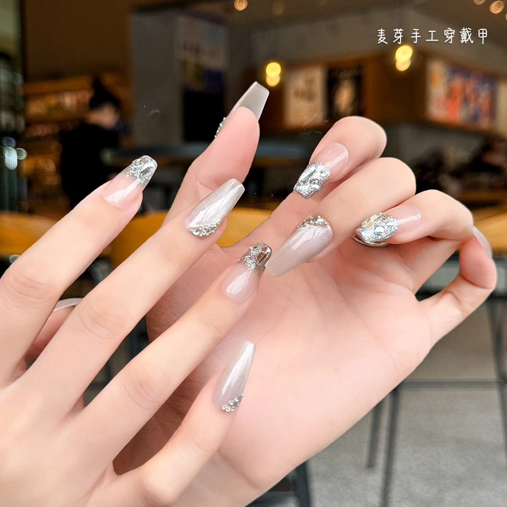 【月半弯】白月光闪钻裸色女神纯手工穿戴甲