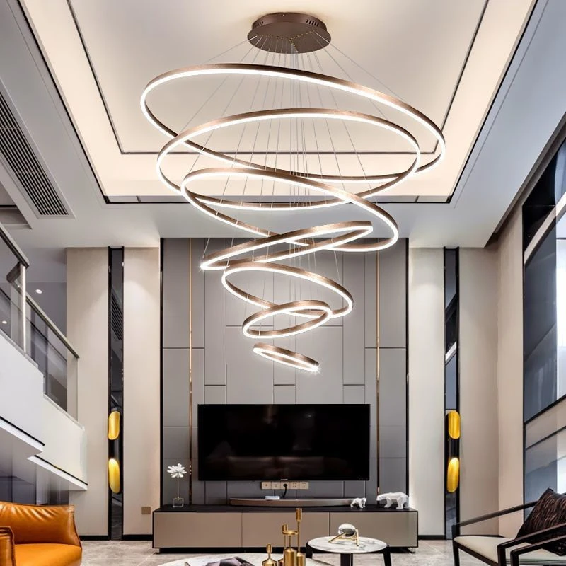loft中空客厅挑空圆环别墅复式楼下发光现代简约大气轻奢客厅吊灯