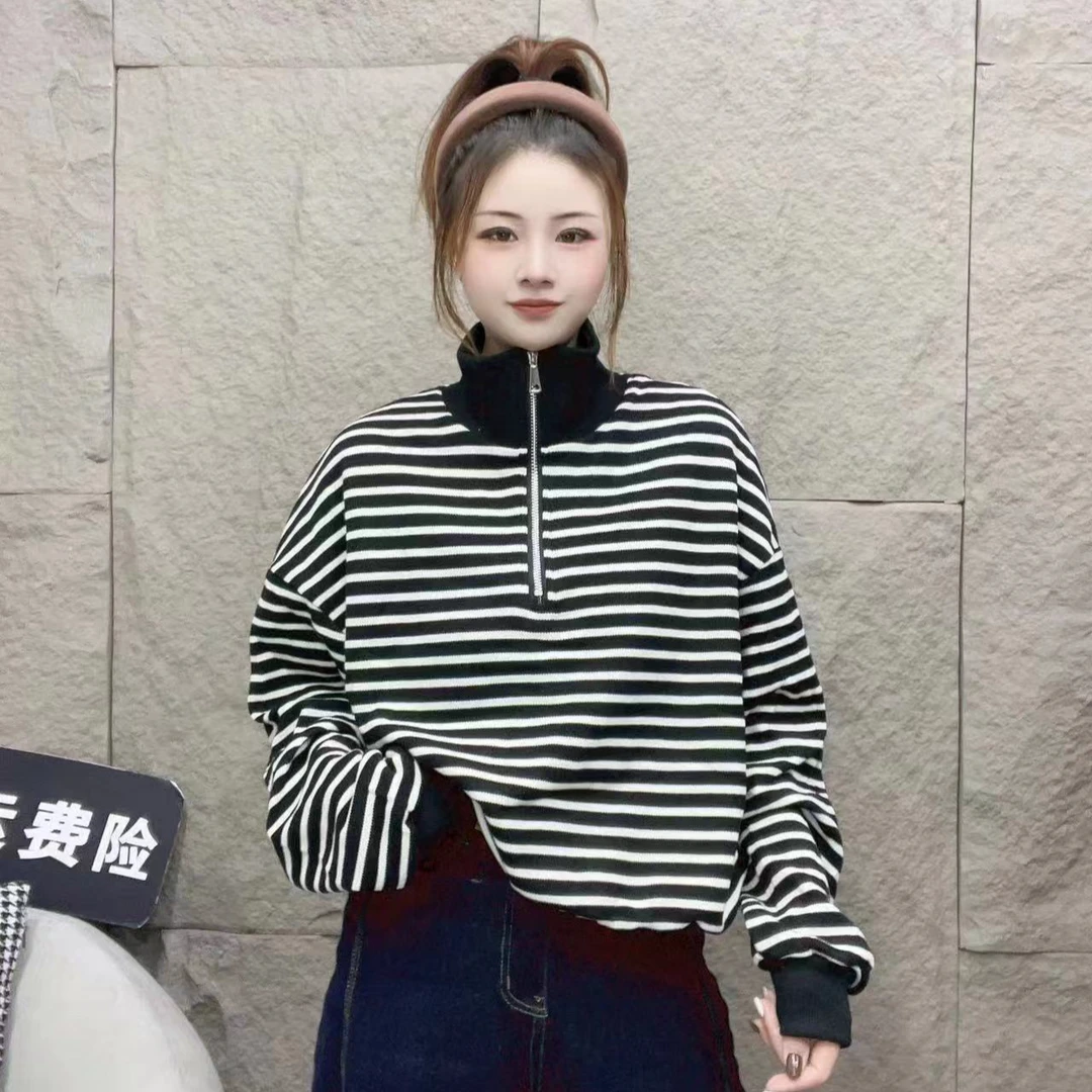 新款长袖时尚休闲百搭打底宽松条纹立领半拉链运动卫衣00999