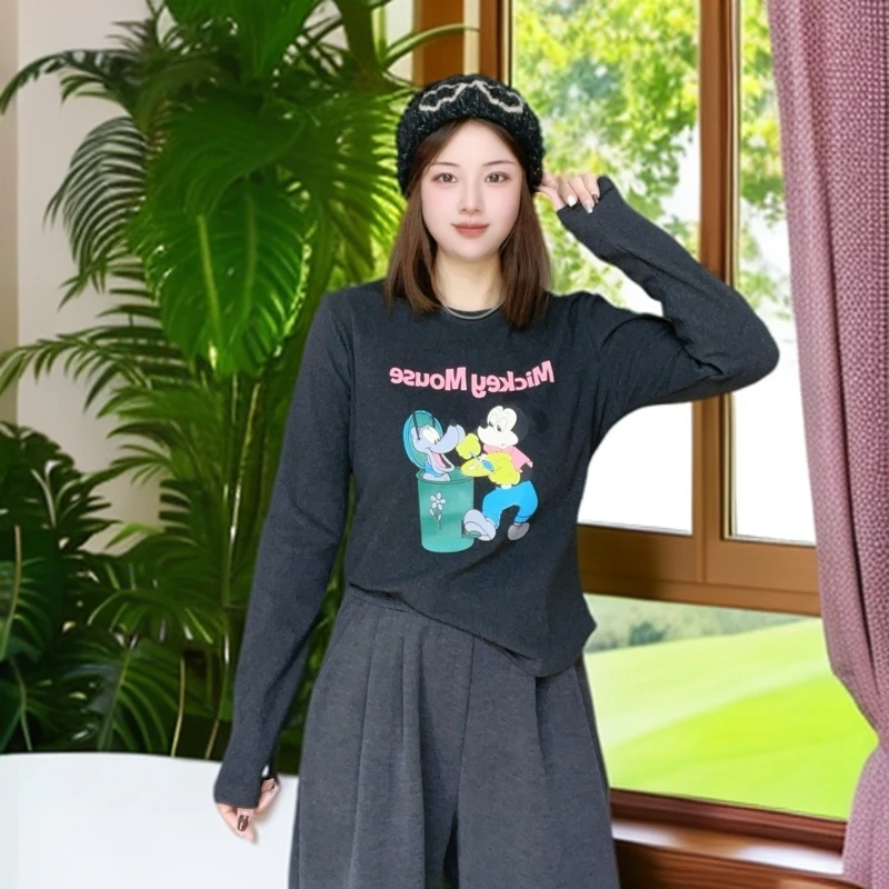 【希琴家】长袖时尚休闲印花圆领卡通套头百搭显瘦小版秋冬T恤5271