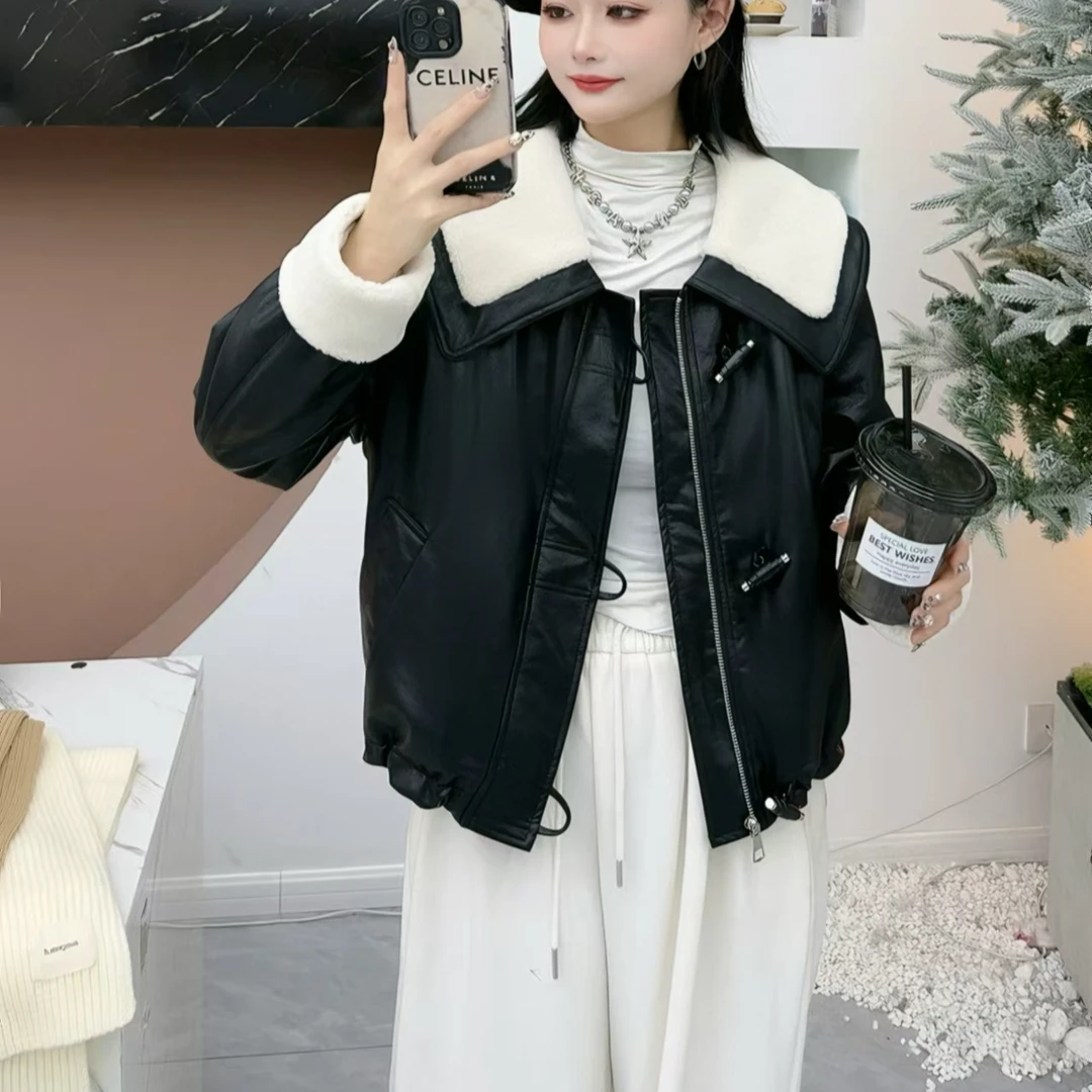 【希琴家】秋冬加绒新款气质皮衣外套2024冬季新款超好看减龄皮衣