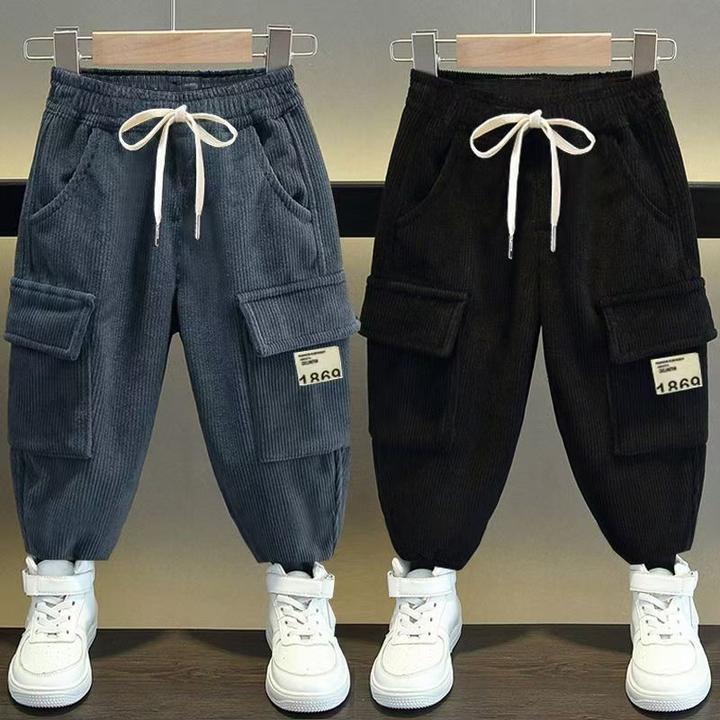 男童新款春秋工装裤中大童秋冬灯芯绒保暖休闲儿童一体加绒束脚裤